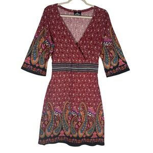 Angie Paisley Print Wrap Front Dress Sz L V-Neck 3/4 Sleeve Tie Back Cotton Boho